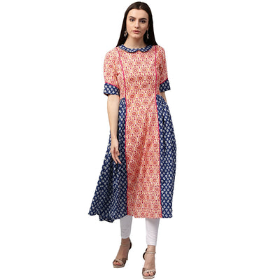 Peach & Blue printed 3/4th Sleeve Cotton Slub A-line Kurta