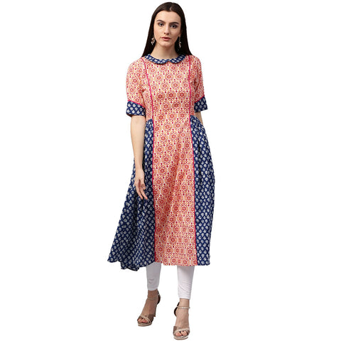 Peach & Blue printed 3/4th Sleeve Cotton Slub A-line Kurta