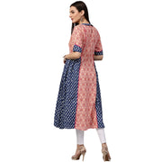 Peach & Blue printed 3/4th Sleeve Cotton Slub A-line Kurta