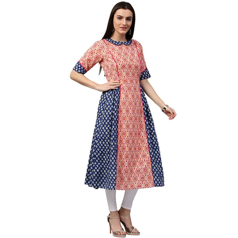 Peach & Blue printed 3/4th Sleeve Cotton Slub A-line Kurta