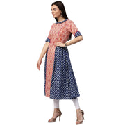 Peach & Blue printed 3/4th Sleeve Cotton Slub A-line Kurta