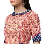 Peach & Blue printed 3/4th Sleeve Cotton Slub A-line Kurta