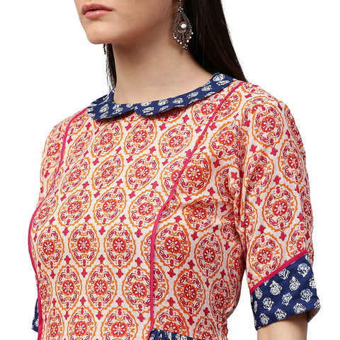 Peach & Blue printed 3/4th Sleeve Cotton Slub A-line Kurta