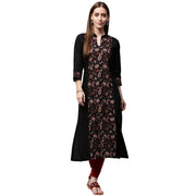 Black printed 3/4th sleeve cotton A-line Kurta