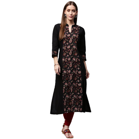 Black printed 3/4th sleeve cotton A-line Kurta