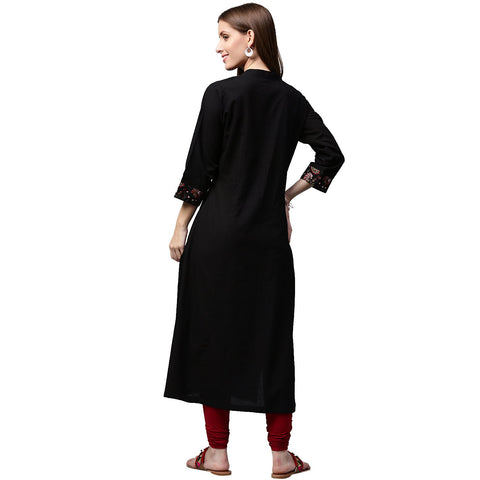 Black printed 3/4th sleeve cotton A-line Kurta