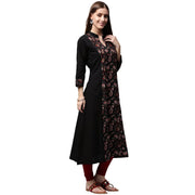 Black printed 3/4th sleeve cotton A-line Kurta