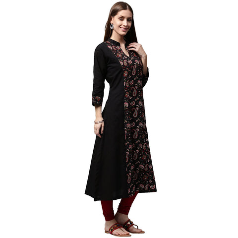 Black printed 3/4th sleeve cotton A-line Kurta
