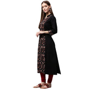 Black printed 3/4th sleeve cotton A-line Kurta