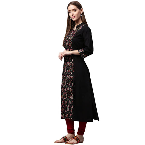 Black printed 3/4th sleeve cotton A-line Kurta