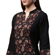 Black printed 3/4th sleeve cotton A-line Kurta