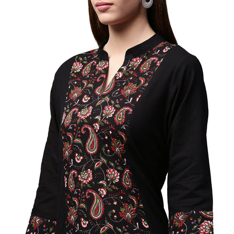 Black printed 3/4th sleeve cotton A-line Kurta