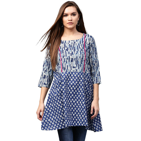 Blue printed 3/4th Sleeve Cotton A-line Tunics