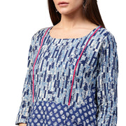 Blue printed 3/4th Sleeve Cotton A-line Tunics