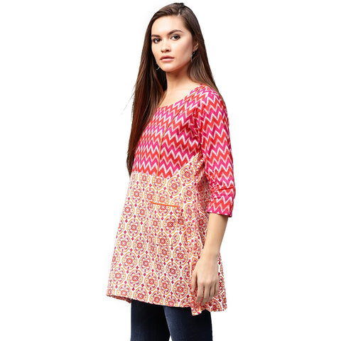 Red & Peach printed 3/4th Sleeve Cotton A-line Tunics
