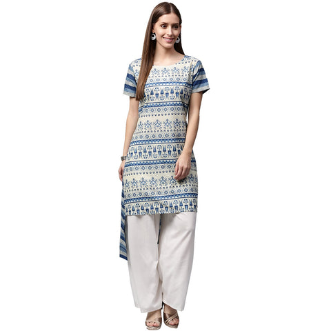 Blue printed cap sleeve Cotton Low-High Kurta