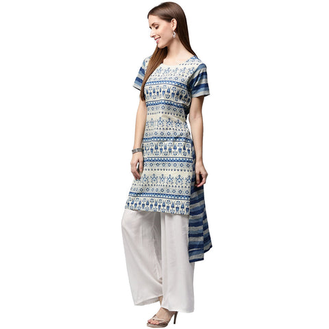 Blue printed cap sleeve Cotton Low-High Kurta