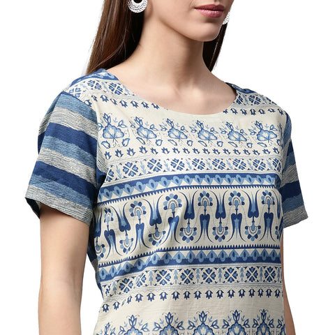 Blue printed cap sleeve Cotton Low-High Kurta