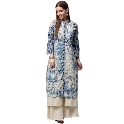 Blue Tie Tie print 3/4th Sleeve Cold shoulder Cotton Double layer kurta