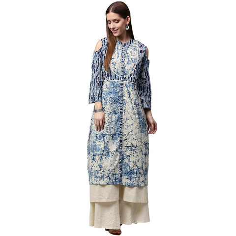 Blue Tie Tie print 3/4th Sleeve Cold shoulder Cotton Double layer kurta
