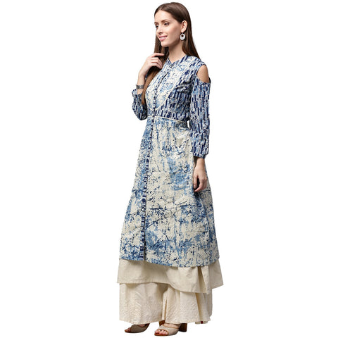 Blue Tie Tie print 3/4th Sleeve Cold shoulder Cotton Double layer kurta