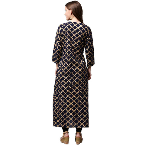 Navy Blue printed Full Sleeve Cotton double layer Anarkali kurta