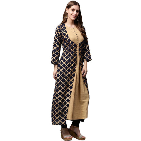 Navy Blue printed Full Sleeve Cotton double layer Anarkali kurta