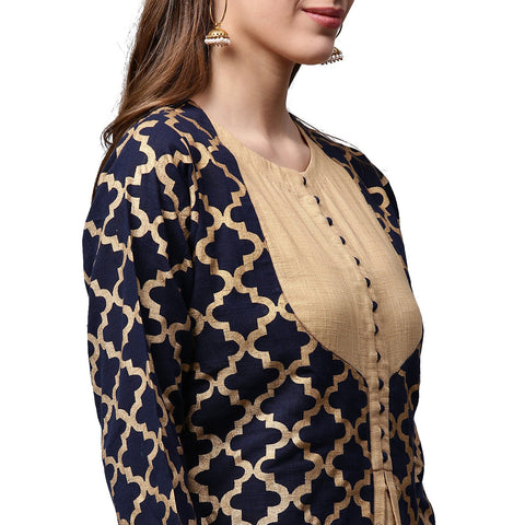 Navy Blue printed Full Sleeve Cotton double layer Anarkali kurta