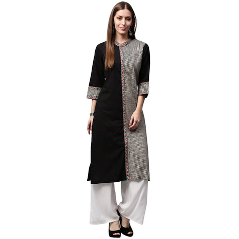 Black printed 3/4th Sleeve cotton Straight kurta