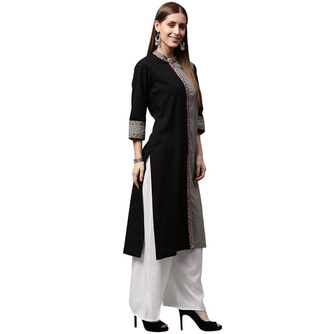 Black printed 3/4th Sleeve cotton Straight kurta