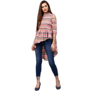 Multi printed 3/4th Sleeve cold shoulder Assymetric tunic