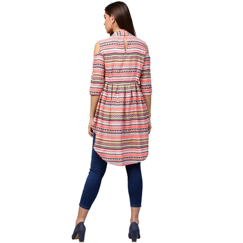 Multi printed 3/4th Sleeve cold shoulder Assymetric tunic