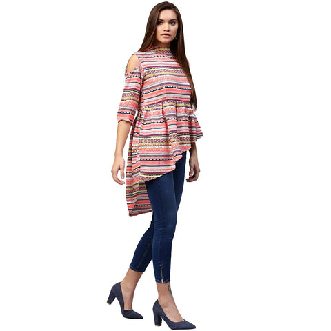 Multi printed 3/4th Sleeve cold shoulder Assymetric tunic
