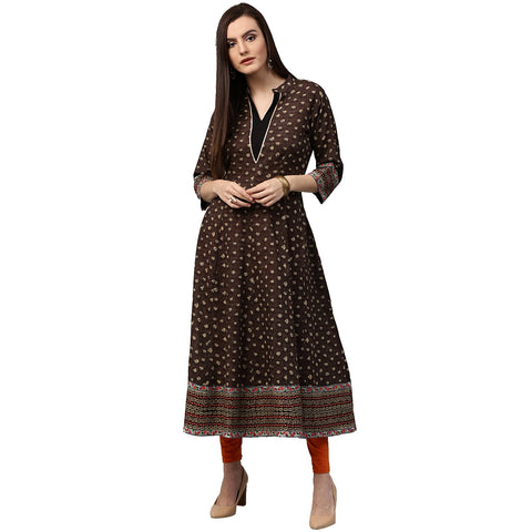 Olive Green printed 3/4th Sleeve Cotton Anarkali Kurta