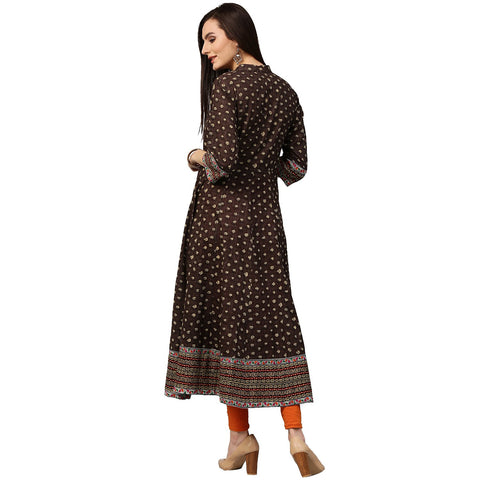 Olive Green printed 3/4th Sleeve Cotton Anarkali Kurta