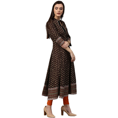 Olive Green printed 3/4th Sleeve Cotton Anarkali Kurta