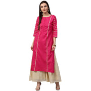 Pink 3/4th Sleeve Cotton straight kurta with gotta work