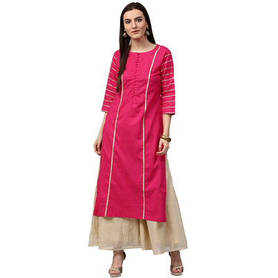 Pink 3/4th Sleeve Cotton straight kurta with gotta work