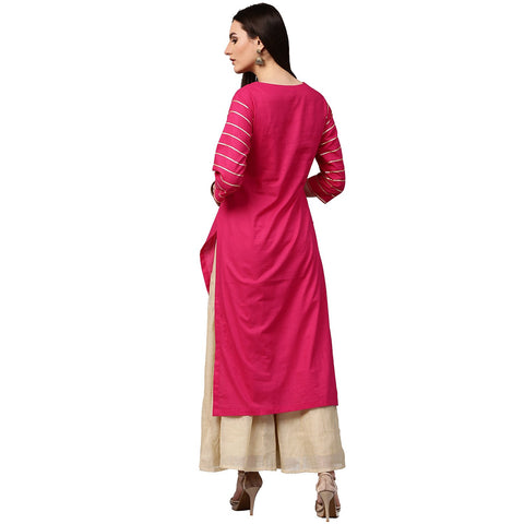 Pink 3/4th Sleeve Cotton straight kurta with gotta work