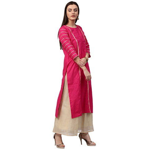 Pink 3/4th Sleeve Cotton straight kurta with gotta work