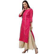 Pink 3/4th Sleeve Cotton straight kurta with gotta work