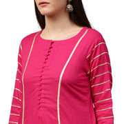 Pink 3/4th Sleeve Cotton straight kurta with gotta work