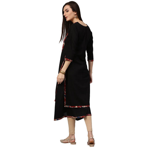 Black printed 3/4th Sleeve Anarkali Kurta with Double layer in front