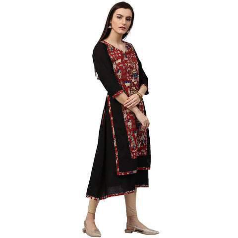 Black printed 3/4th Sleeve Anarkali Kurta with Double layer in front