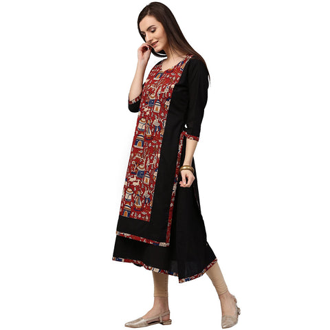 Black printed 3/4th Sleeve Anarkali Kurta with Double layer in front