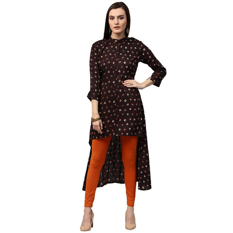 Coffee Brown printed 3/4th sleeve Rayon Low High Kurta