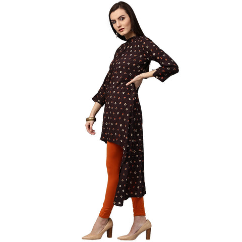 Coffee Brown printed 3/4th sleeve Rayon Low High Kurta