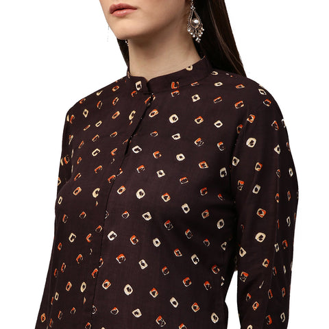 Coffee Brown printed 3/4th sleeve Rayon Low High Kurta