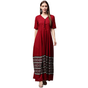 Maroon printed half sleeve cotton Anarkali kurta