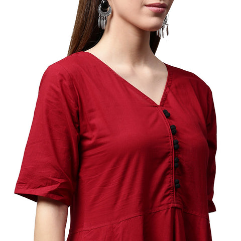 Maroon printed half sleeve cotton Anarkali kurta